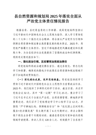县自然资源和规划局2025年落实全面从严治党主体责任情况报告