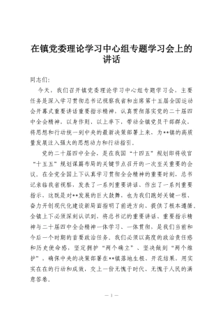 在镇党委理论学习中心组专题学习会上的讲话