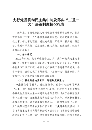 支行党委贯彻民主集中制及落实“三重一大”决策制度情况报告