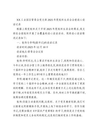 XX工业园区管委会党支部2025年度组织生活会会前谈心谈话记录