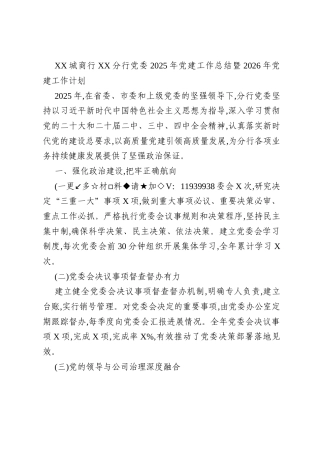 XX城商行XX分行党委2025年党建工作总结暨2026年党建工作计划