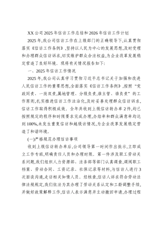 XX公司2025年信访工作总结和2026年信访工作计划