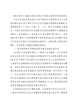 XX区委关于2025年落实全面从严治党主体责任的情况报告