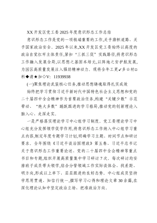 XX开发区党工委2025年度意识形态工作总结