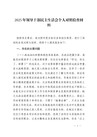 2025年领导干部民主生活会个人对照检查材料