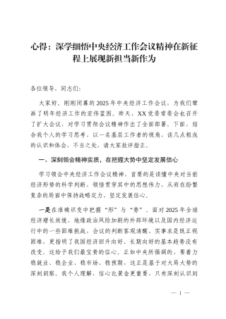 心得_深学细悟中央经济工作会议精神在新征程上展现新担当新作为
