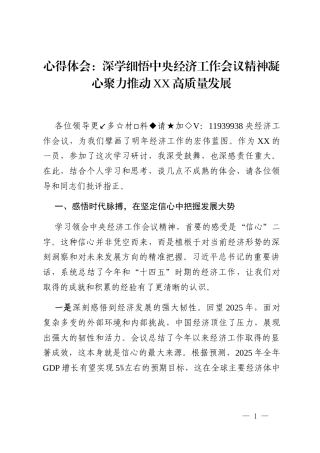 心得体会_深学细悟中央经济工作会议精神凝心聚力推动XX高质量发展