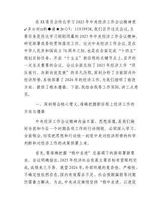 在XX委员会传达学习2025年中央经济工作会议精神会议上的总结讲话源自公文思享↕文库创作