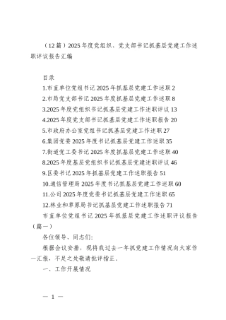 （12篇）2025年度党组织、党支部书记抓基层党建工作述职评议报告汇编