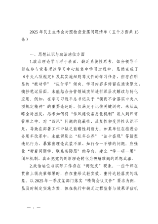 2025年民主生活会对照检查查摆问题清单（五个方面共15条）