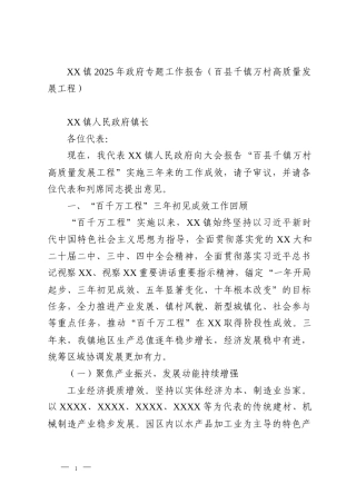 XX镇2025年政府专题工作报告（百县千镇万村高质量发展工程）