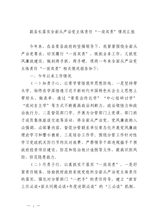 副县长落实全面从严治党主体责任“一岗双责”情况汇报