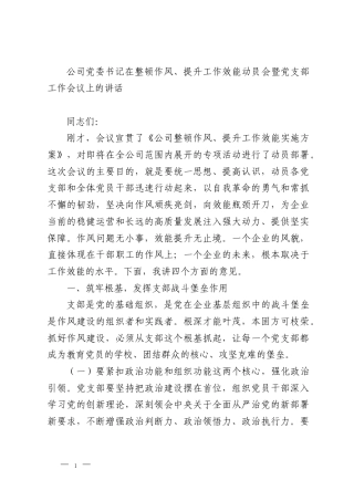 公司党委书记在整顿作风、提升工作效能动员会暨党支部工作会议上的讲话