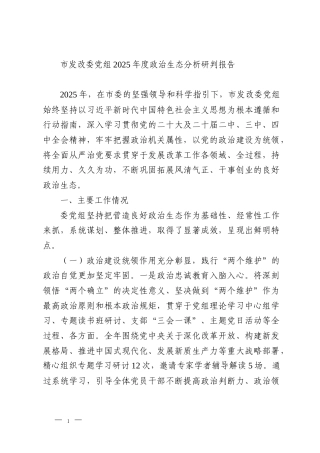 市发改委党组2025年度政治生态分析研判报告