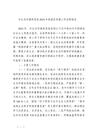 市生态环境局党组2025年抓基层党建工作述职报告