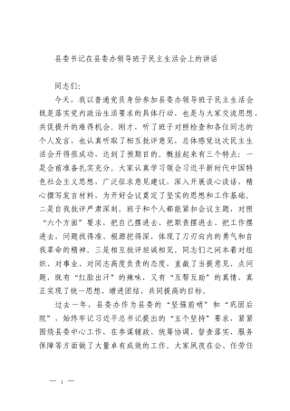 县委书记在县委办领导班子民主生活会上的讲话