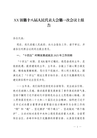 XX镇第十八届人民代表大会第一次会议上报告
