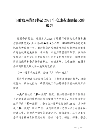 市财政局党组书记2025年度述责述廉情况的报告