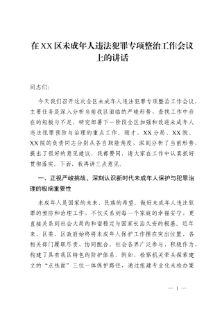 在XX区未成年人违法犯罪专项整治工作会议上的讲话