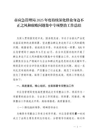 市应急管理局2025年度持续深化群众身边不正之风和腐败问题集中专项整治工作总结