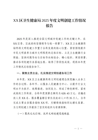 XX区卫生健康局2025年度文明创建工作情况报告