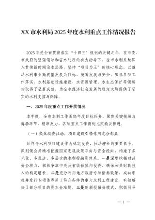 XX市水利局2025年度水利重点工作情况报告