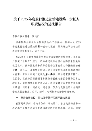 关于2025年度履行推进法治建设第一责任人职责情况的述法报告
