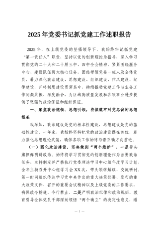 2025年党委书记抓党建工作述职报告
