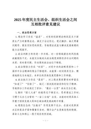 2025年度民主生活会、组织生活会之间互相批评意见建议