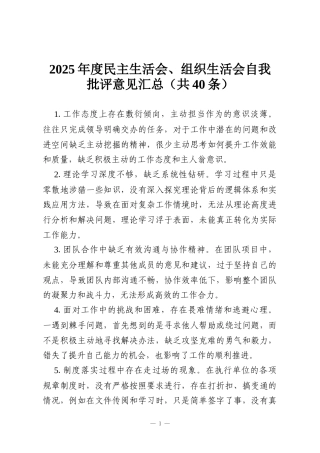 2025年度民主生活会、组织生活会自我批评意见汇总（共40条）