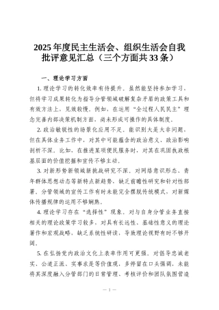 2025年度民主生活会、组织生活会自我批评意见汇总（三个方面共33条）