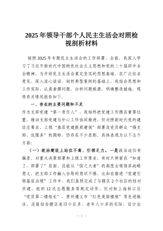 2025年领导干部个人民主生活会对照检视剖析材料
