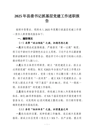 2025年县委书记抓基层党建工作述职报告