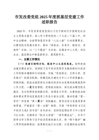 市发改委党组2025年度抓基层党建工作述职报告