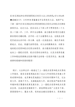 在XX区规划和自然资源局机关党员大会上的讲话