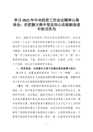学习2025年中央经济工作会议精神心得体会：在把握大势中坚定信心在砥砺奋进中担当作为