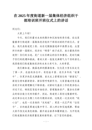 在2025年度街道新一届集体经济组织干部培训班开班仪式上的讲话