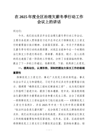 在2025年度全区治理欠薪冬季行动工作会议上的讲话