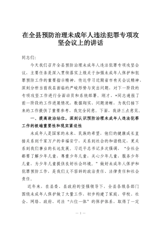 在全县预防治理未成年人违法犯罪专项攻坚会议上的讲话