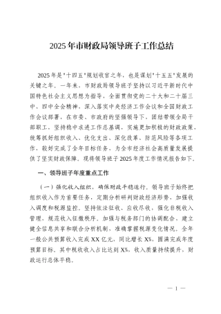 2025年市财政局领导班子工作总结
