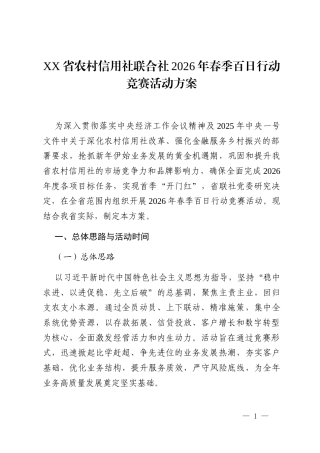 XX省农村信用社联合社2026年春季百日行动竞赛活动方案