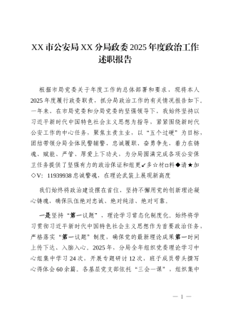 XX市公安局XX分局政委2025年度政治工作述职报告