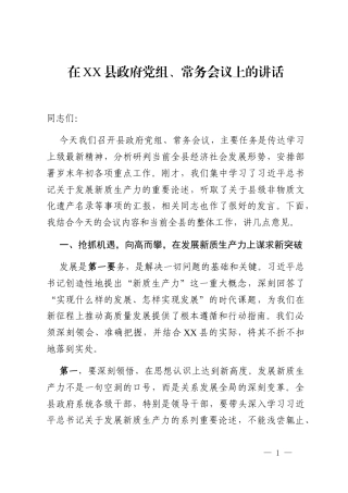 在XX县政府党组、常务会议上的讲话