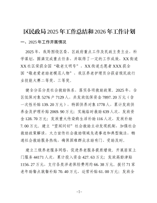 区民政局2025年工作总结和2026年工作计划