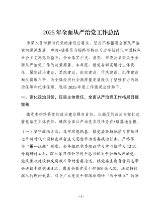 2025年全面从严治党工作总结