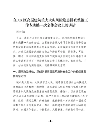 在XX区高层建筑重大火灾风险隐患排查整治工作专班第一次全体会议上的讲话