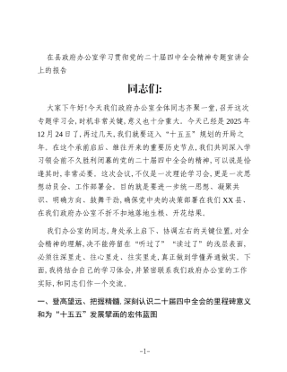 在县政府办公室学习贯彻党的二十届四中全会精神专题宣讲会上的报告