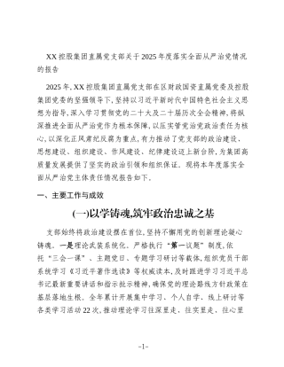 XX控股集团直属党支部关于2025年度落实全面从严治党情况的报告