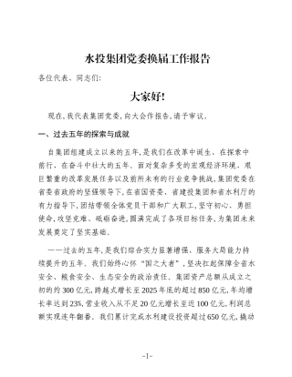 水投集团党委换届工作报告
