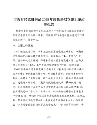 市教育局党组书记2025年度抓基层党建工作述职报告